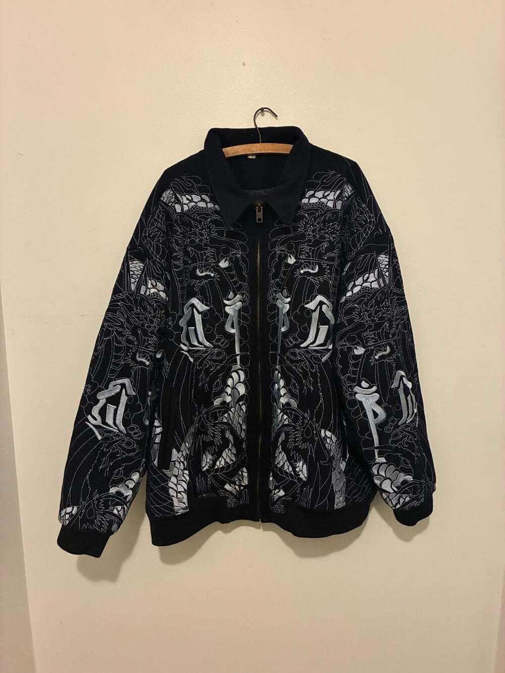 Schott NYC Wool Bomber Jacket Size 4XL Black Embroidered Allover